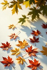 Fototapeta premium Delicate oak leaves scattered on white ground, tree, earthy, serene
