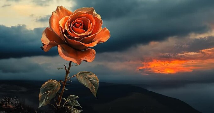 Orange Rose Against a Dramatic Sunset Sky