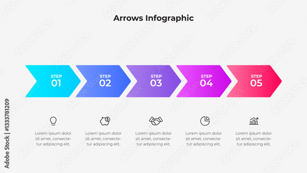 Poster a modern infographic featuring a five step process using arrows in vibrant colors, accompanied by co