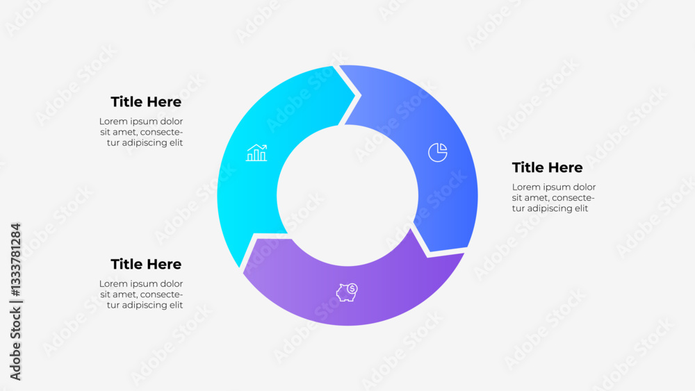 Poster A circular 3 steps arrows infographic with a color gradient featuring placeholders for text, icons, and titles, ideal for data presentation and business applications