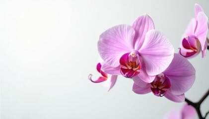 Obraz premium Delicate orchid blooms on a crisp white background, orchid, garden