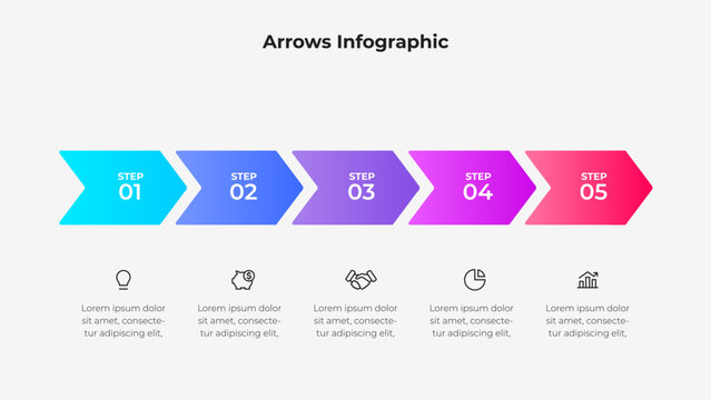 A modern infographic featuring a five step process using arrows in vibrant colors, accompanied by corresponding icons and placeholder text, ideal for business, planning, or educational purposes