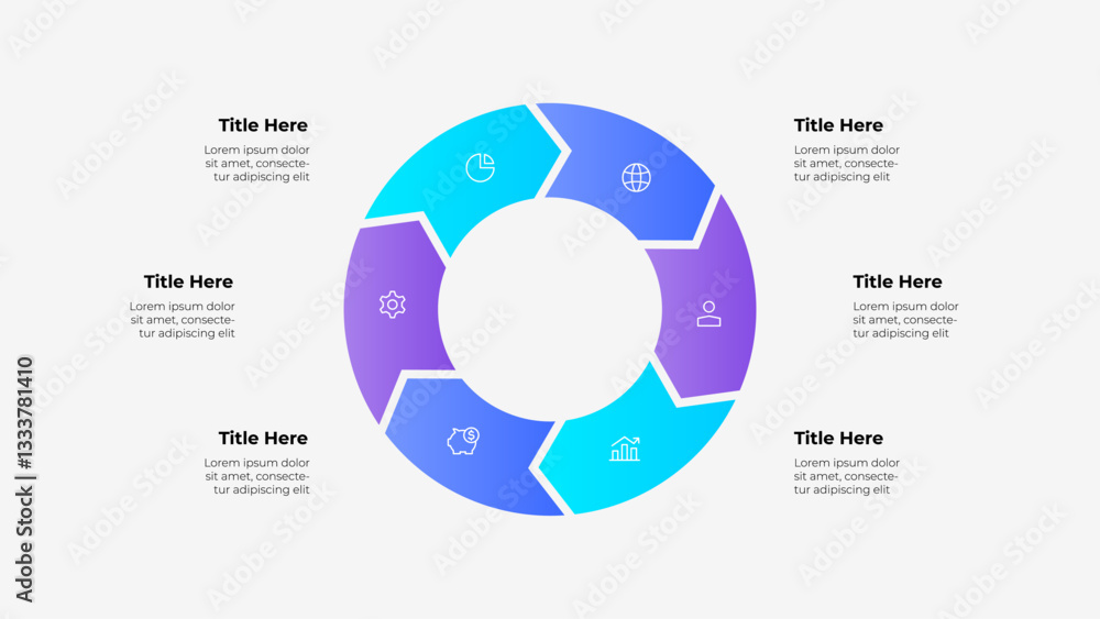 Poster A circular 6 steps arrows infographic with a color gradient featuring placeholders for text, icons, and titles, ideal for data presentation and business applications