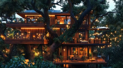 A stunning treehouse-style eco-home featuring a wraparound balcony adorned with solar-powered fairy lights, surrounded by lush greenery in a tranquil setting