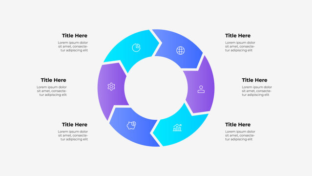 A circular 6 steps arrows infographic with a color gradient featuring placeholders for text, icons, and titles, ideal for data presentation and business applications