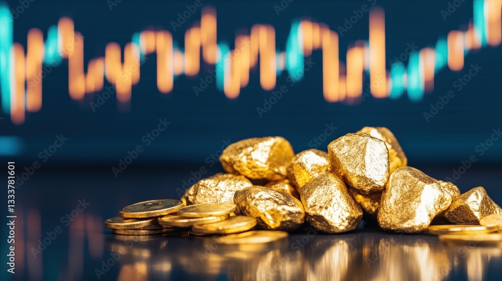 Poster a visually striking image of gold nuggets and coins in front of a fluctuating financial graph.