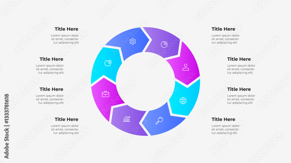Poster A circular 8 steps arrows infographic with a color gradient featuring placeholders for text, icons, and titles, ideal for data presentation and business applications