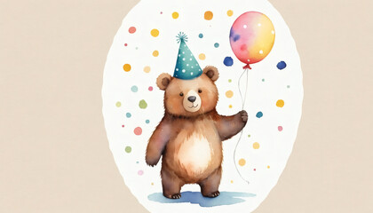 Obraz premium Watercolor Bear Waving While Holding a Bright Yellow Balloon, Surrounded by Sparkles, Cheerful and Uplifting
