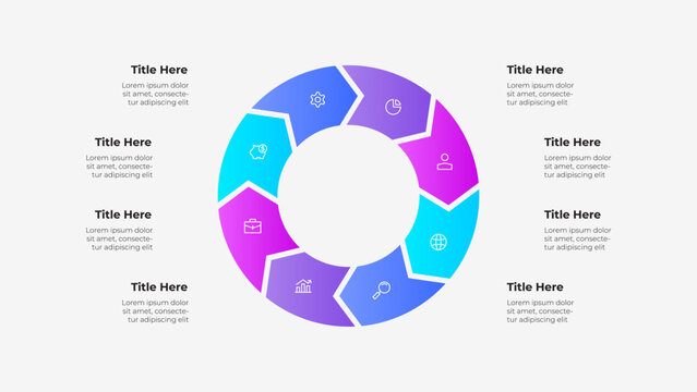 A circular 8 steps arrows infographic with a color gradient featuring placeholders for text, icons, and titles, ideal for data presentation and business applications