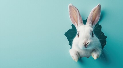 Obraz premium A curious white bunny emerges from a torn blue surface