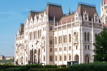 Architectural elements of the Hungarian Parliament building in Gothic style. Architecture of...