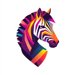 Geometric Zebra Head in Vivid Rainbow Hues Against a White Background. A Modern Minimalist Design.