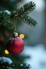 Delicate ornament hangs on rustic wooden branch, winter, Christmas, pinecones