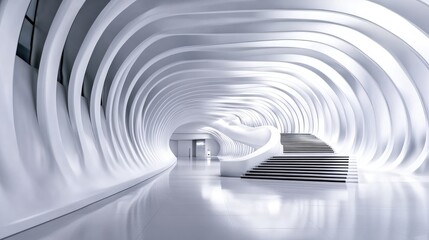 Obraz premium Futuristic Architecture of White Curved Hallway with Stairs