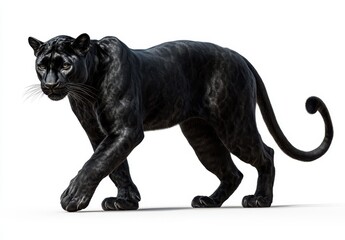 Fototapeta premium Majestic black panther walking gracefully on a white background, showcasing its powerful presence and sleek body, symbolizing strength and elegance in nature.