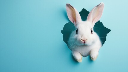 Obraz premium A fluffy white rabbit emerges from a tear in blue paper