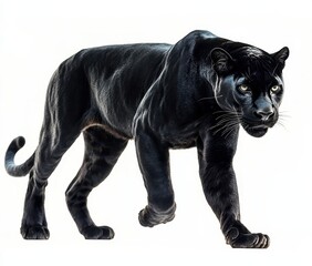 Obraz premium Majestic black panther walking gracefully through a bright white background, showcasing its sleek fur and intense gaze with an air of mystery and elegance