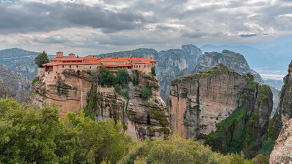 Meteora landscape with Saint Varlaam monastery on top of giant natural pillars, Kalabaka, Greece