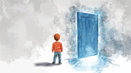 Digital painting or illustration depicting a young boy with short, reddish-brown hair, wearing an orange long-sleeved shirt and pants, standing before a large, luminous blue door. The door is