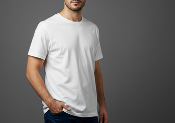 Casual male model in a white t-shirt posing with a relaxed stance against a neutral background