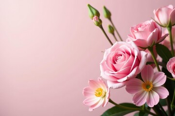 Delicate pastel rose bouquet with lisianthus and sweetpeas, soft pink, delicate blooms, floral arrangement