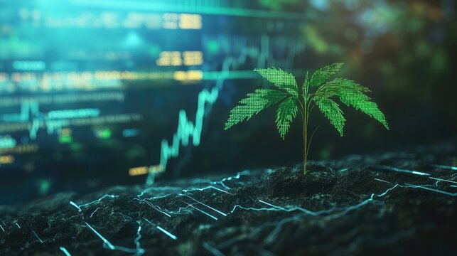 Digital Growth Concept Featuring Green Plant and Data Visualization