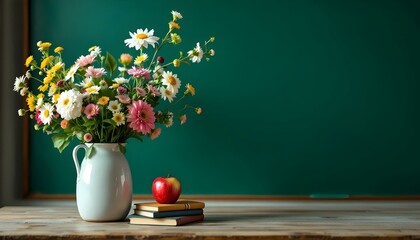 Colorful flowers and an apple rest on books in front of a chalkboard, representing a teacher's appreciation and classroom learning