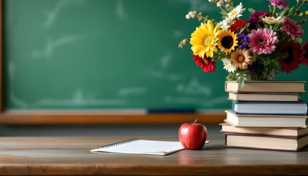 A bouquet of flowers and an apple on books, with a chalkboard behind, conveying gratitude and the spirit of learning in a classroom