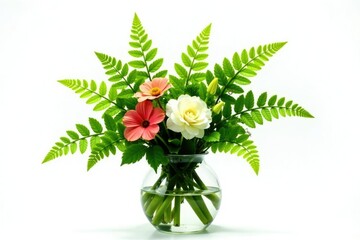 Obraz premium ferns and flowers in a vase isolated on white background, green, isolated, floral
