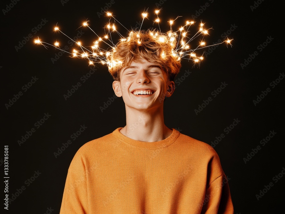 Aufkleber man standing with electric lights around his head showing abstract connections and mind creativity i