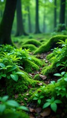 Obraz premium ferns and moss carpet forest floor dark green, leafy, nature