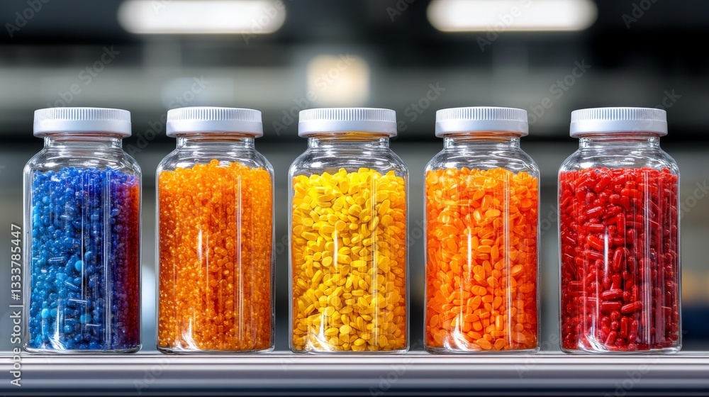 Poster close up of colorful candy jars with lights surrounding them in a bright store setting representing 