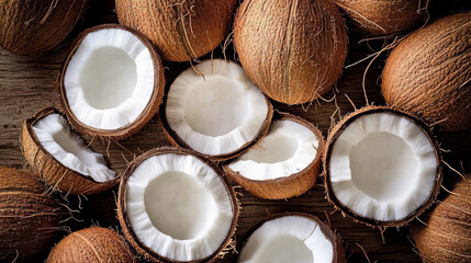 Coconuts lying, top-down view 