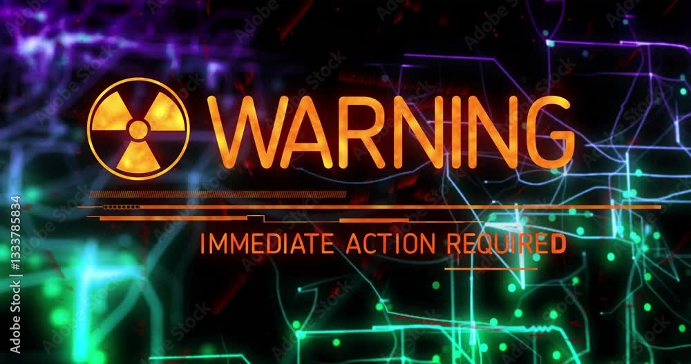 Aufkleber radiation warning sign with animation on digital network and glowing lines