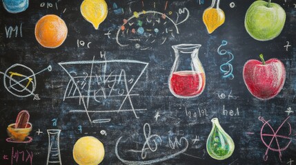 Colorful Chalkboard with Science Illustrations and Fruit Drawings