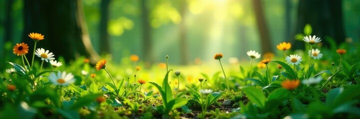 Obraz premium Ferns and wildflowers growing in soft, dappled sunlight beneath trees, leafy greens, natural light