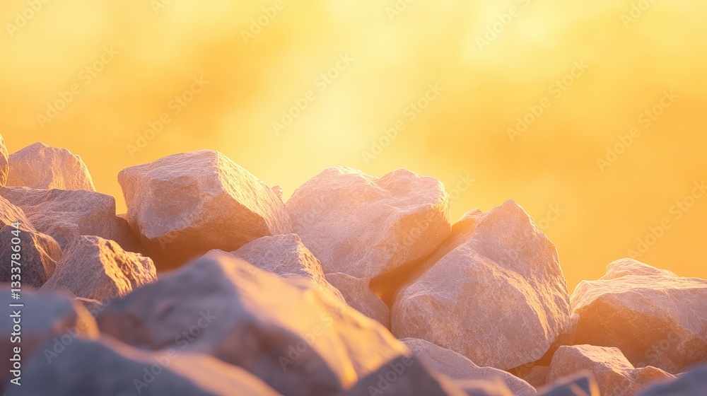 Poster a close-up view of textured rocks illuminated by warm sunlight, creating a serene and natural ambian