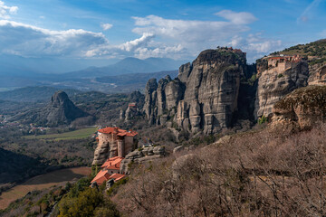 Meteora landscape with Orthodox monasteries on top of giant natural pillars, Kalabaka, Greece