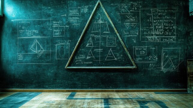 Classroom Chalkboard with Geometric Shapes and Mathematical Equations