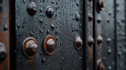 Obraz premium Close-Up of Water Droplets on Rustic Metal Surface with Rivets