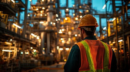 Obraz premium A worker wearing safety gear observes an industrial facility at dusk