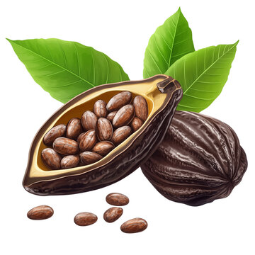 Cacao Plant with Pods and Leaves, Opened Pod Showing Chocolate Beans on Transparent Background
