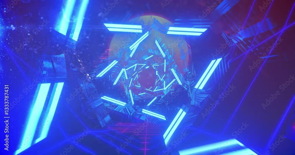 Aufkleber glowing neon tunnel with blue and pink geometric patterns, creating animation effect