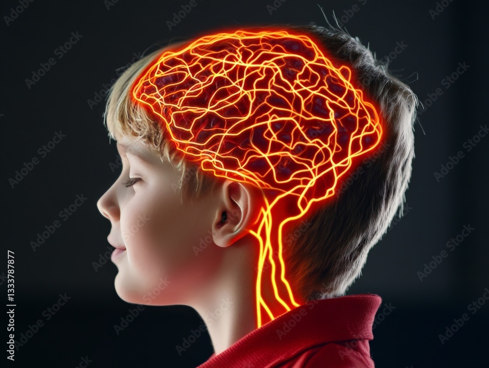Poster brain neural network illuminated in vivid neon lights with abstract background depicting brain activ