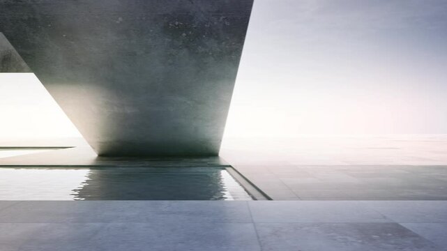 Empty concrete floor terrace near water in pond. 3d rendering of abstract gray building with sea and clear sky background.