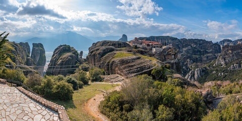 Meteora landscape with Holy Trinity monastery on top of giant natural pillars, Kalabaka, Greece