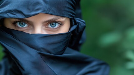 Fototapeta premium Mesmerizing blue eyes peek from a dark silk wrap, blending elegance with mystery.