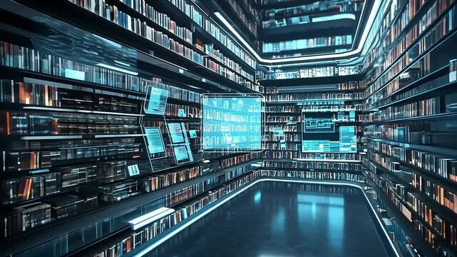Futuristic library interior featuring digital displays and rows of books, evoking a sense of knowledge