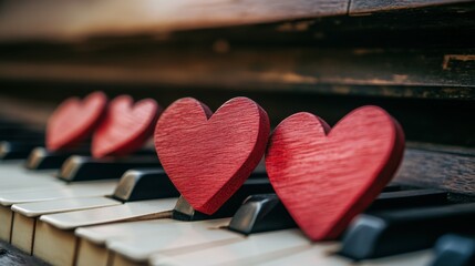Red wooden hearts on a piano keyboard selective focus