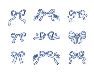 Set of coquette bow knots with flowers, stars, leaves. Collection of beautiful holiday decorative elements, festive present decor. Pretty charming blue bows. Vintage hand drawn clip art